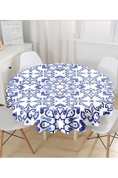 Realhomes Fata de masa rotunda cu design special din ceramica albastră și alba damă sc - diametru 140cm