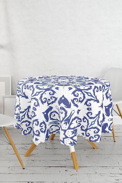 Realhomes Fata de masa rotunda cu design special din ceramica albastră și alba damă sc - diametru 140cm