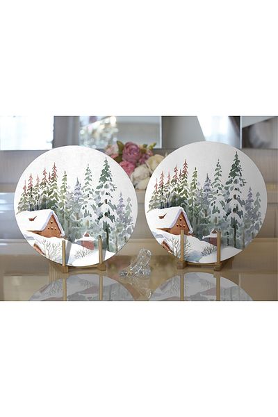 Realhomes 2-Piece Vineyard House Designed Winter Themed Digital Printed Decorative Round Plate & Placemat