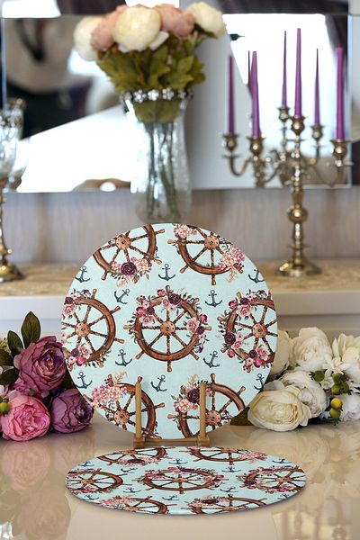 Realhomes 2-Piece Mint Green Floored Rudder Designed Digital Printed Decorative Round Plate & Placemat