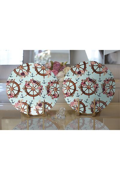 Realhomes 2-Piece Mint Green Floored Rudder Designed Digital Printed Decorative Round Plate & Placemat