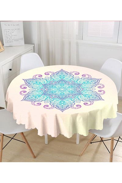 Realhomes Față de masă rotundă modernă cu Desen Mandala Albastru pe Fond Roz - Diametru 140cm