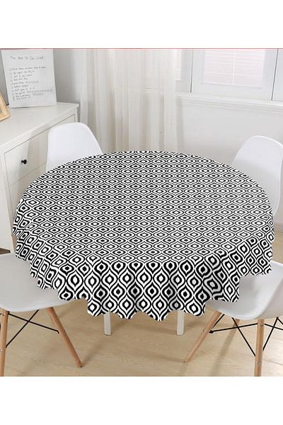 Realhomes Față de masă rotundă cu imprimare digitală cu model ikat negru cu design special - diametru 140 cm