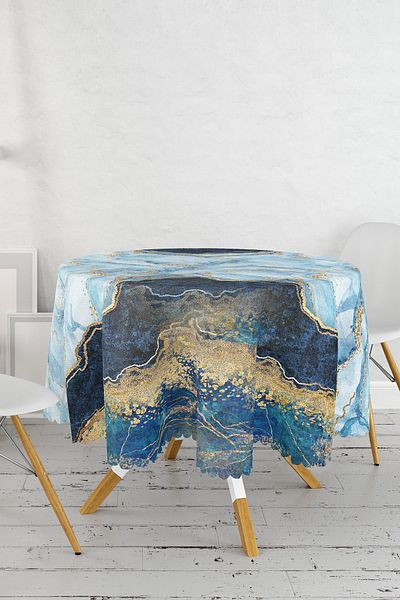 Realhomes Fata de masa rotunda moderna cu frunze galbene fundal albastru Diametru 140 cm
