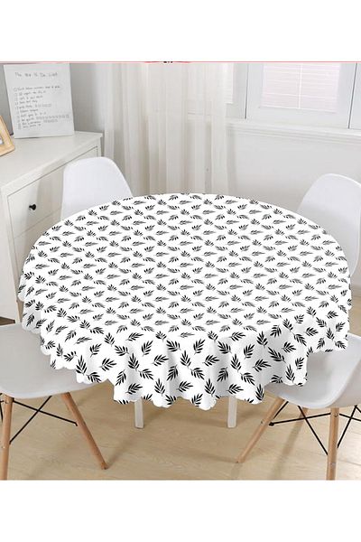 Realhomes Fata de masa rotunda cu model frunze alb-negru - diametru 140cm