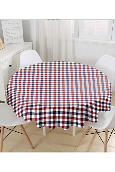 Realhomes Claret Red Navy Blue Plaid Patterned Round Tablecloth - Diameter 140cm