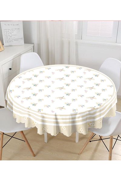 Realhomes Fata de masa rotunda imprimata digital cu design flori crem - diametru 140cm