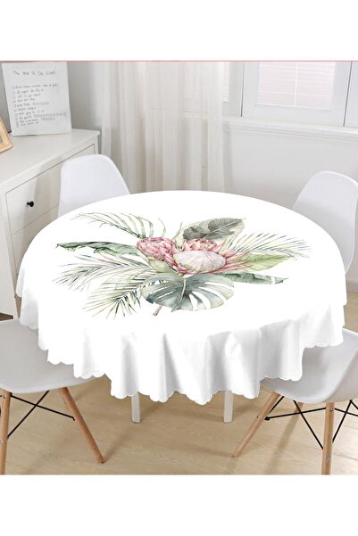 Realhomes Fata de masa rotunda imprimata digital cu design cu frunze tropical...