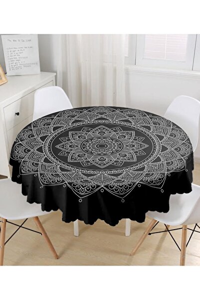 Realhomes Siyah Zeminde Beyaz Mandala Desenli Yuvarlak Masa Örtüsü - Çap 140cm