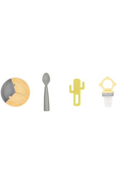 OiOi 4'lü Set Puzzle Tabak Nam Nam Kaşık Gri, Diş Kaşıyıcı Kaktüs Sarı, Meyve Sebzze Püre Sarı