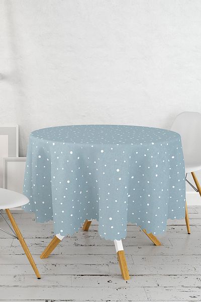 Realhomes Față de masă rotundă modernă, cu fundal colorat, imprimată digital cu buline albe - diametru 140 cm