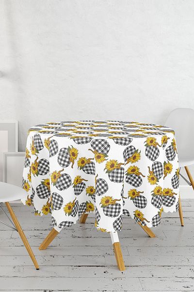 Realhomes Fata de masa rotunda cu Motiv Dovleac Motiv Carid pe Fond Alb - Diametru 140cm