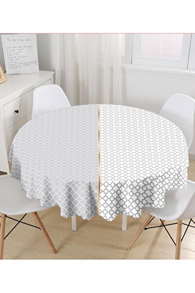 Realhomes Gray & White Ogea Patterned Digital Printed Round Tablecloth - Diam...