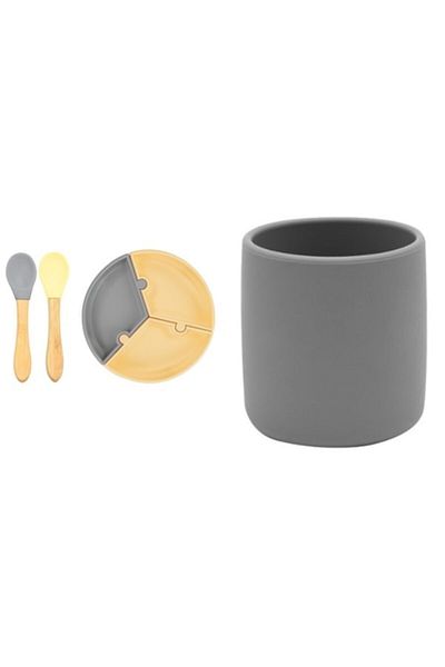 OiOi Set of 3, Puzzle Plate, Banbu Spoon with Handle, Silicone Cup