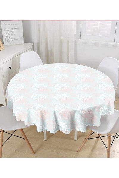 Realhomes Fata de masa rotunda cu design floral alb rosu pe fundal albastru - Diametru 140cm