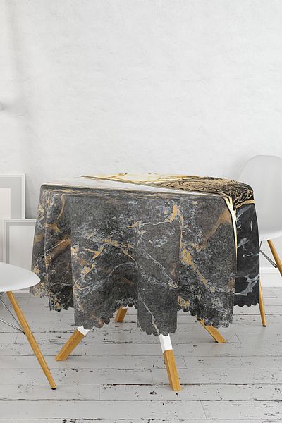 Realhomes Μοντέρνο ασπρόμαυρο γεωμετρικό μαρμάρινο μοτίβο χρυσό ριγέ στρογγυλό τραπεζομάντιλο - Διάμετρος 140cm