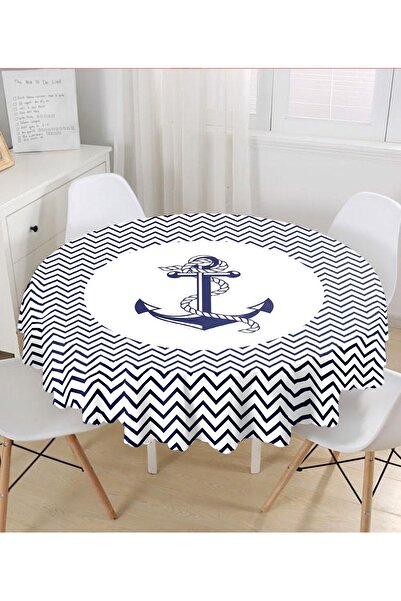 Realhomes Anchor Patterned Round Tablecloth with Geometric Drawings on White Background - Diameter 140cm