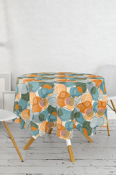 Realhomes Fata de masa rotunda cu model de frunze cu desen Onedraw pe fundal colorat - Diametru 140cm