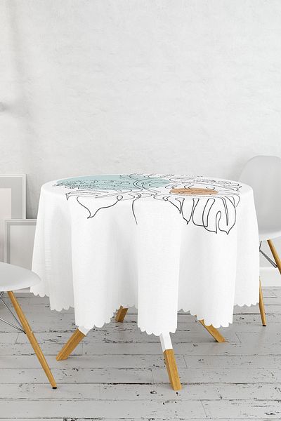 Realhomes Față de masă rotundă modernă imprimată digital cu model de frunze pe fundal alb - diametru 140cm