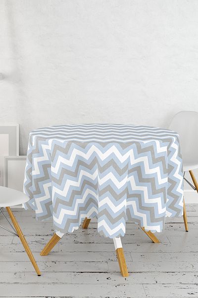 Realhomes Față de masă rotundă cu imprimare digitală cu model în zig-zag albastru gri - Diametru 140cm