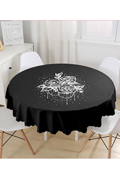 Realhomes Siyah Zeminde Gül Baskılı Modern Yuvarlak Masa Örtüsü - Çap 140cm