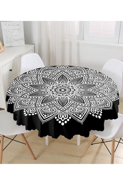 Realhomes Siyah Beyaz Mandala Tasarımlı Yuvarlak Masa Örtüsü  Çap 140cm