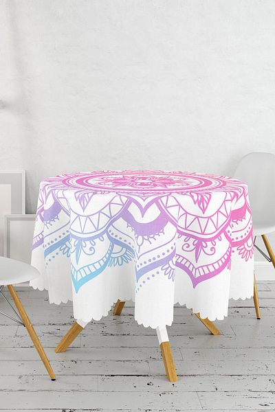 Realhomes Față de masă rotundă cu model special cu mandala roz și albastru pe fundal alb - Diametru 140cm
