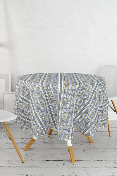 Realhomes Față de masă rotundă cu motiv de frunze cu țepi uni cu fundal denim - Diametru 140cm