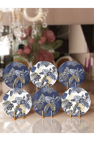 Realhomes 6'lı Lacivert Altın Varaklı Yaprak Tasarımlı Supla & Servis Altlığı