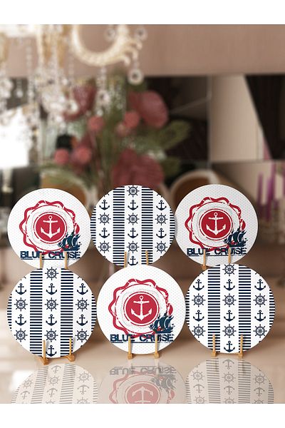 Realhomes Σουπλά και σουβέρ 6 τεμαχίων Navy Blue Anchor Pattern Motif