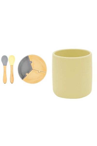 OiOi Set of 3, Puzzle Plate, Banbu Spoon with Handle, Silicone Cup Yellow