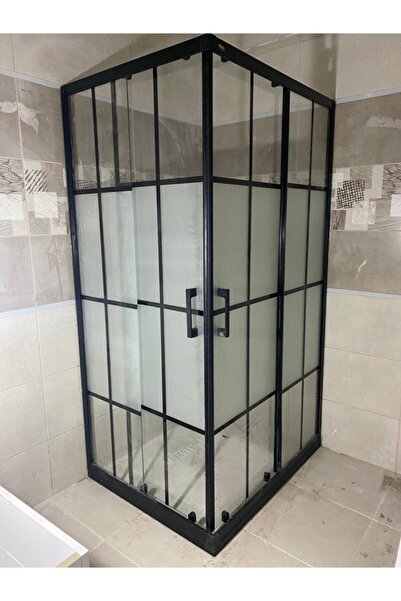 Blackline Siyah Çizgili Köşe Ortası Kumlu 75x75 5 Mm Temperli Cam Duşakabin