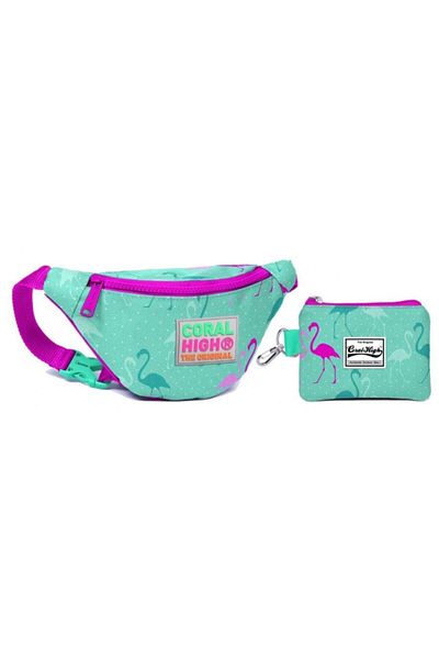Coral High Flamingo Printed Pink Green Waist Bag Set