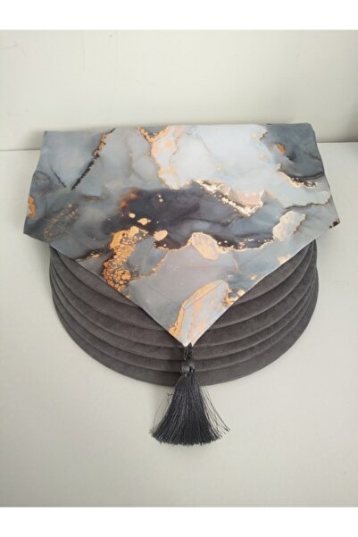 Ayşemce Γκρι μαρμάρινο ράνερ με σχέδιο και 6 σκούρα γκρι χρωματιστά πανάκια