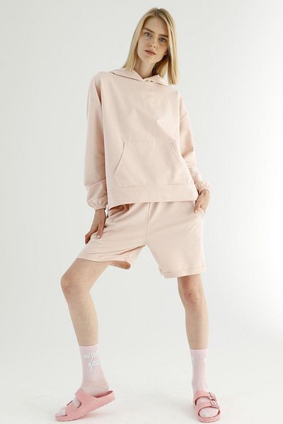 Siyah İnci Powder Hooded Kangaroo Pocket Tracksuit-sweatshirt Set with Shorts