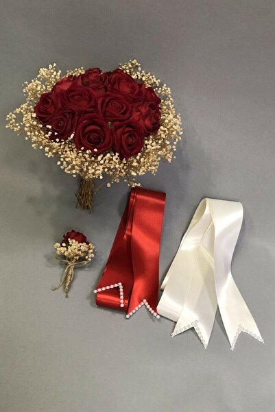 Genel Markalar Gelin El Buketi Kırmızı Kadife Güllü Gelin El Çiçeği Ve Takı K...