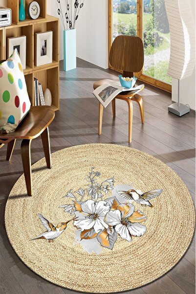 Modern home Beyaz Çiçek Desenli Yuvarlak Halı Kolay Temizlenebilen Dijital Ba...