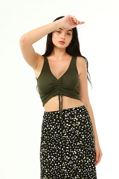 KİM Kİ O Γυναικείο Crop Top σε χακί χρώμα - Σχέδιο με συμπίεση μπροστά