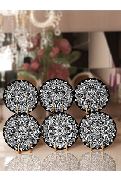 Realhomes 6'lı Siyah Beyaz Mandala Özel Tasarım Supla & Servis Altlığı