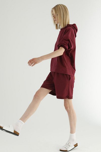 Siyah İnci Claret Red Hooded Kangaroo Pocket Tracksuit-sweatshirt Set with Shorts
