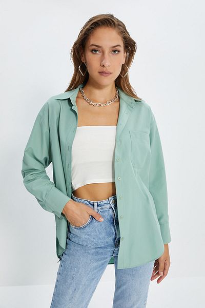 Trendyol Collection Мента с един джоб Boyfriend/Широка памучна тъкана риза TWOAW20GO0115