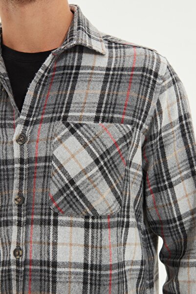 Trendyol Collection Šedá kostkovaná dřevorubecká košile s jednou kapsou – zimní kostkovaná slim Fit TMNAW22GO0090