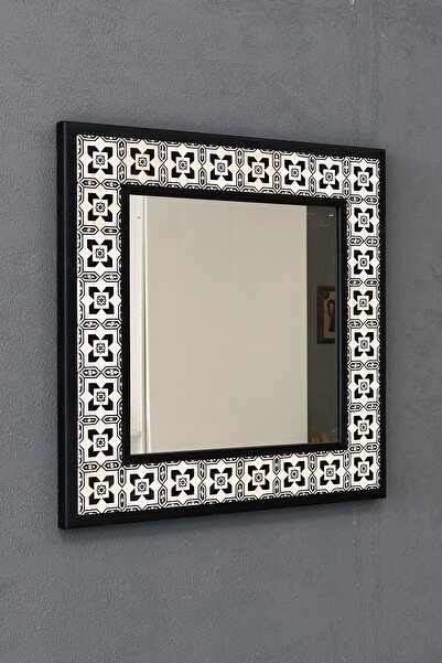 Oscar Stone Decor Masif Siyah Çerçeveli Mozaik Taş Ayna 43 Cm X 43 Cm (-moroc...
