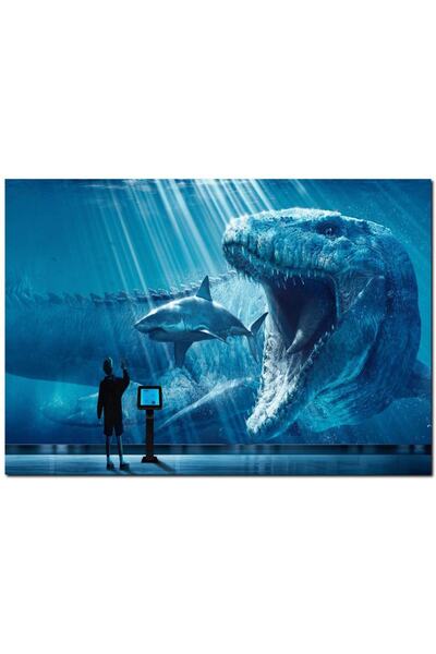 Cakatablo Ahşap Tablomegalodon Büyük Beyaz Köpekbalığı Ve Insan (35x50 Cm Boyut)