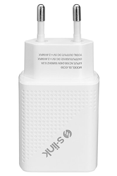 S-LINK Sl-ec50 (sl-ec50t) 5v 2400ma Type-c Kablolu 2 Usb Çıkışlı Beyaz Ev Şarj Adaptörü