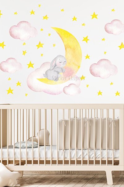 Sticker Ekspres Ay Ve Bulutta Uyuyan Tavşan Çocuk Odası Duvar Sticker Seti