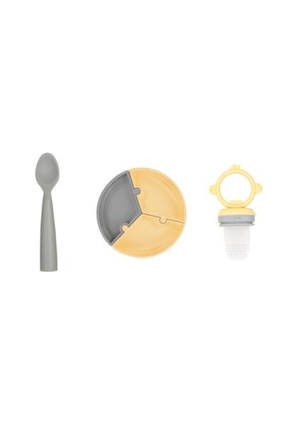 OiOi Set of 3 Puzzle Plate Nam Nam Spoon Gray Fruit Vegetable Puree Yellow