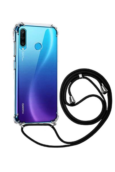 Molly Huawei P30 Lite Uyumlu Siyah Boyun Askılı Ipli Şeffaf Silikon Kılıf