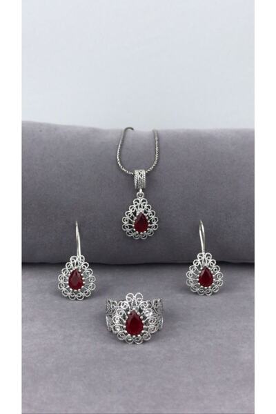 BEY SİLVER Telkari Yakut Taşlı Damla Gümüş Kadın Set