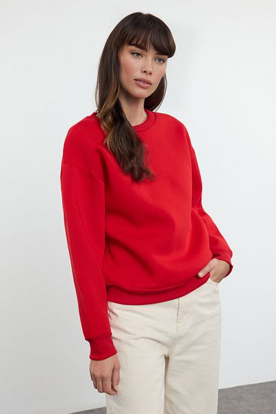 Trendyol Collection Red Knitted Sweatshirt with Thick Fleece Inside - Crew Neck Twoaw24Sw00101